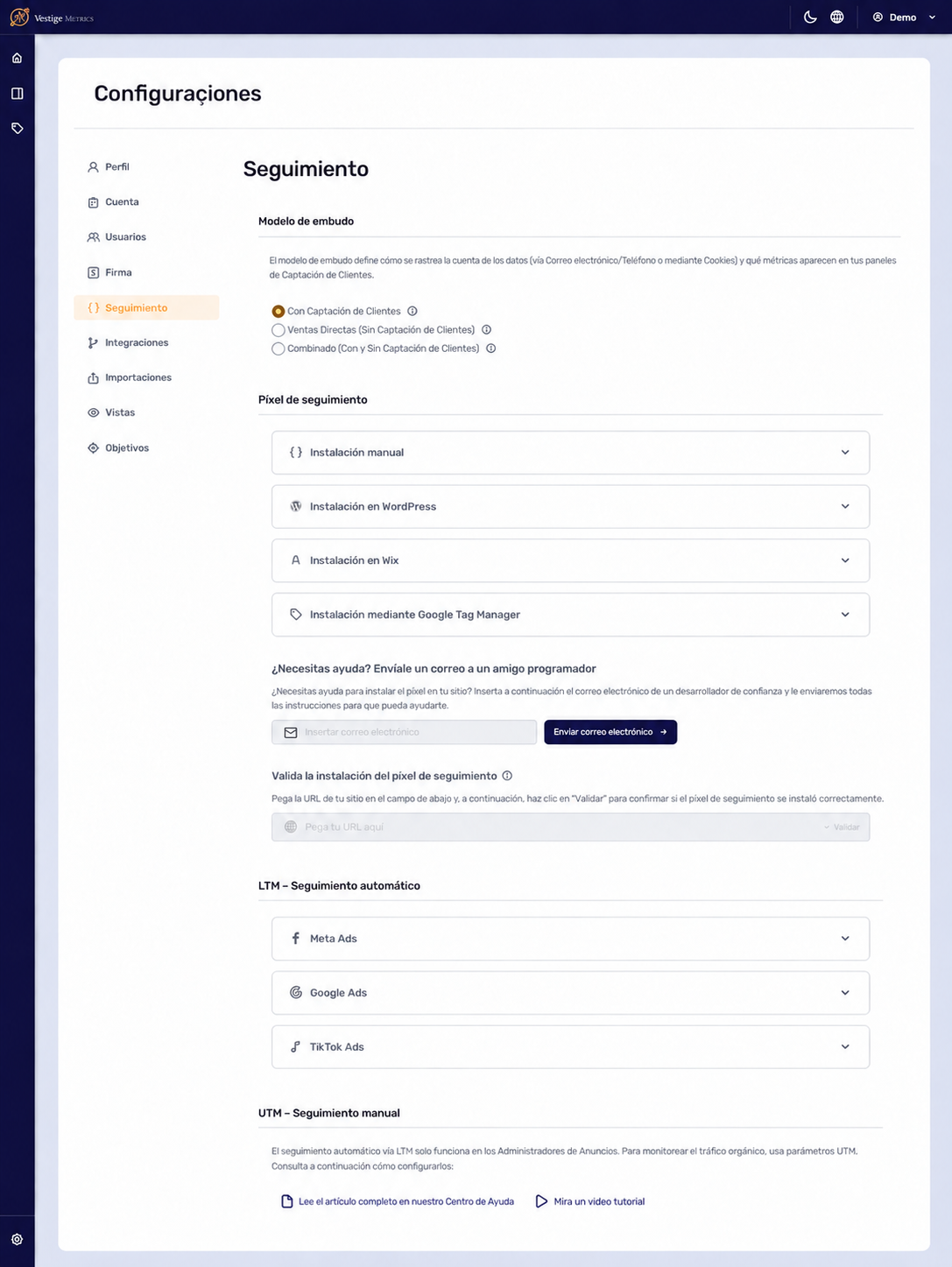 Configurações de rastreamento do Vestige
