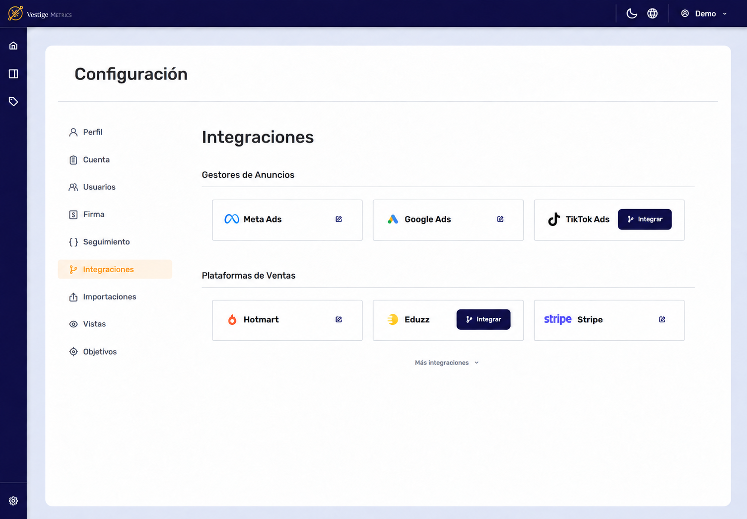 Integrações com plataformas de anúncios e vendas