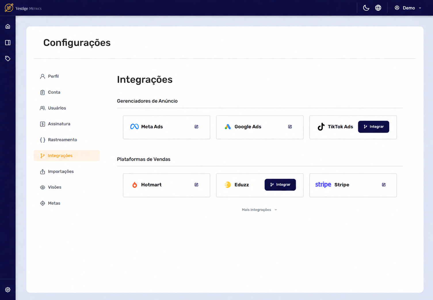 Integrações com plataformas de anúncios e vendas