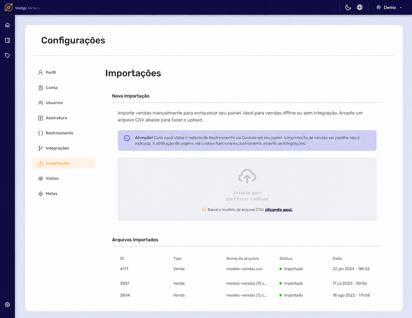 Área de importação de vendas por CSV