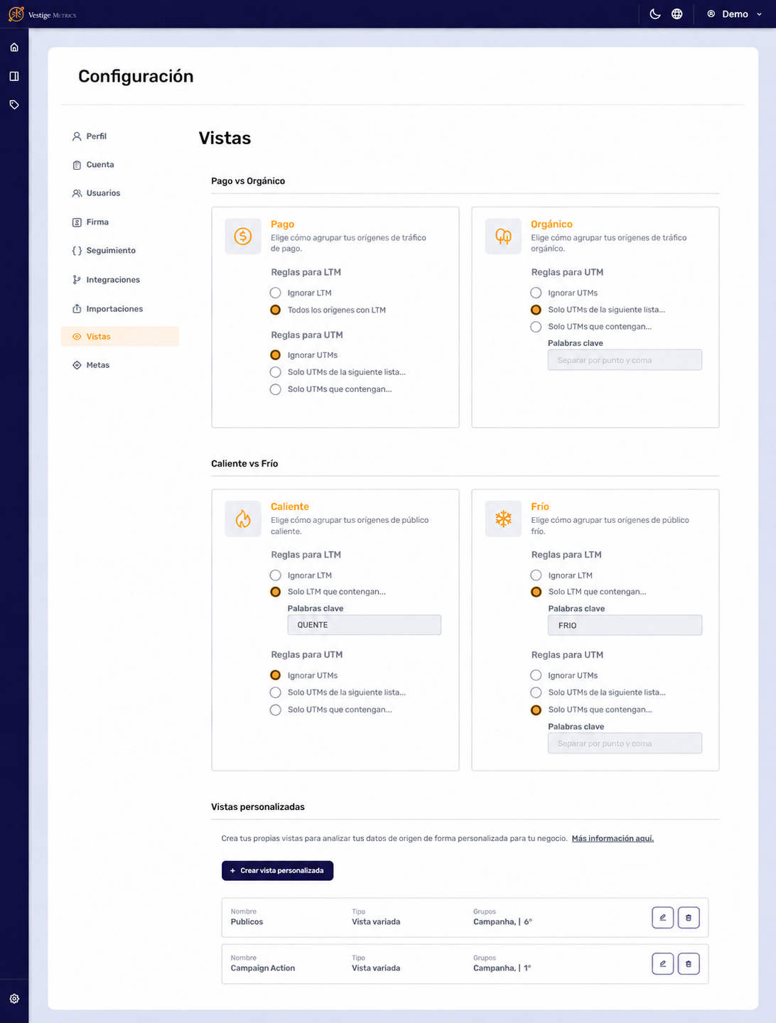 Configurações de visões e agrupamentos