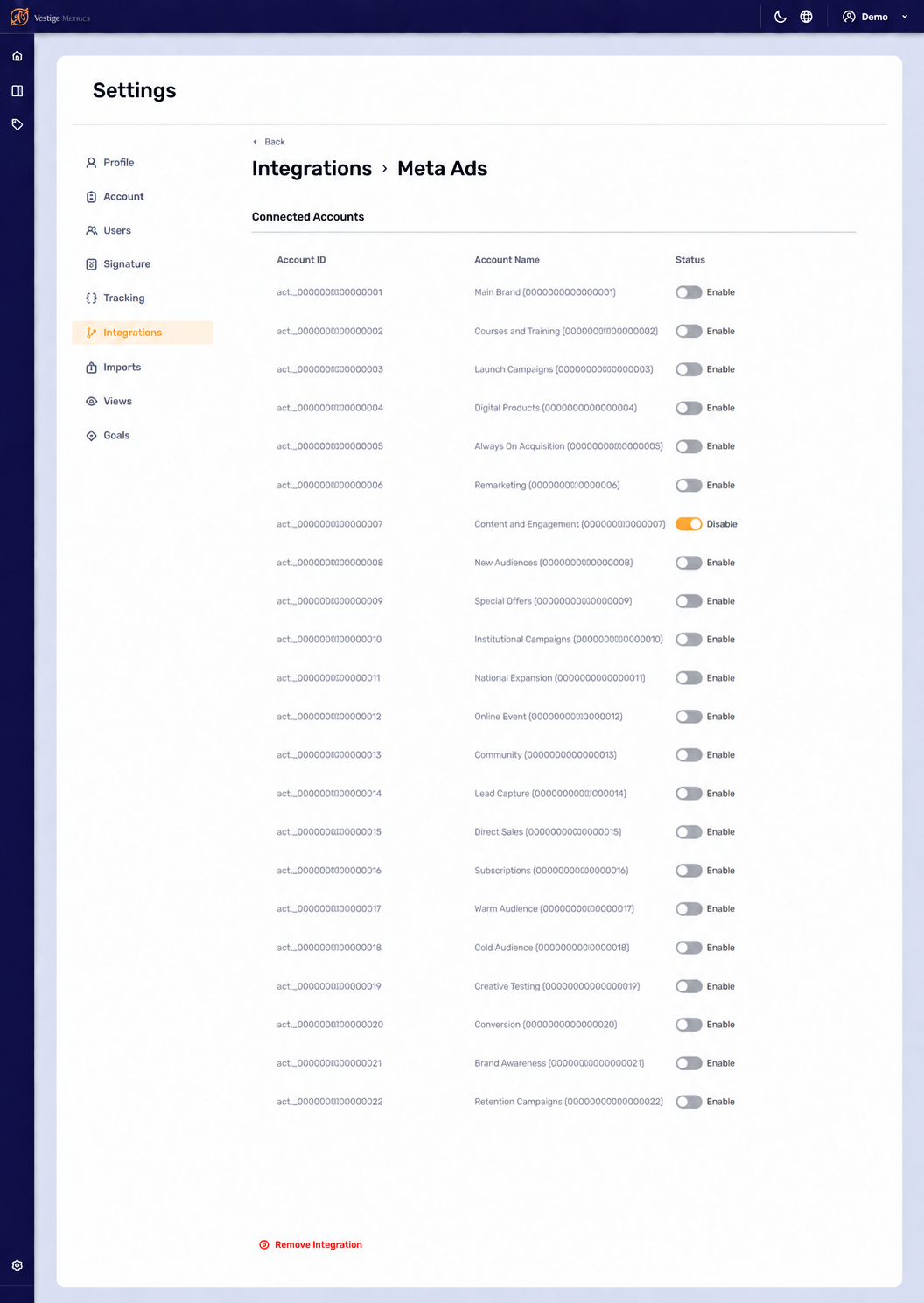 Lista de contas Meta Ads conectadas e controles de ativação