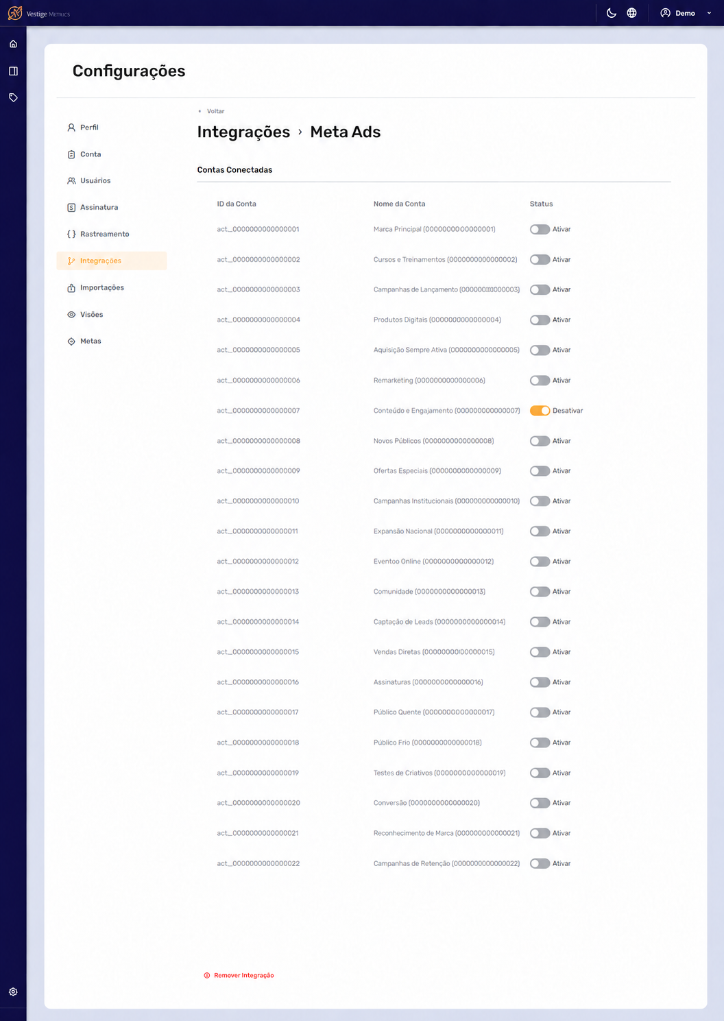 Lista de contas Meta Ads conectadas e controles de ativação